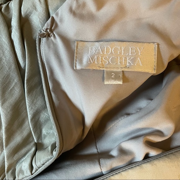 Badgley Mischka Cocktail Dress • Silver Shimmer with Broach & Cuff Off Shoulder - Picture 5 of 8